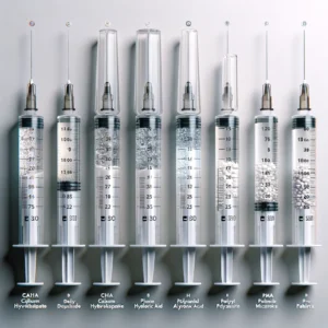 Dermal Injections represented by a range of labelled syringes, each containing different types of fillers like Calcium Hydroxylapatite, Hyaluronic Acid, Polyalkylimide, and Polymethyl-methacrylate Microspheres, displayed against a white background, signifying the variety used in cosmetic treatments.